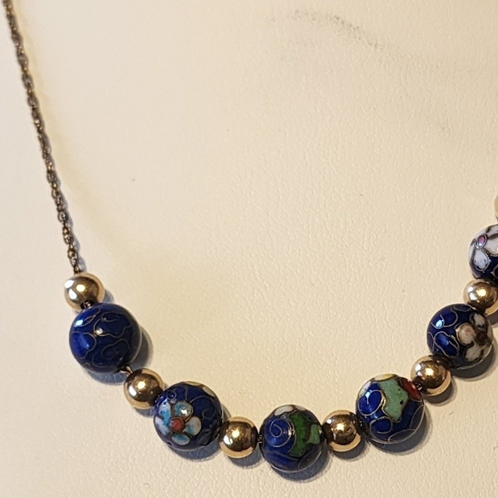 VTG Cloisonne Beaded Necklance Floral 12K Gold Filled 21" Blue Gold